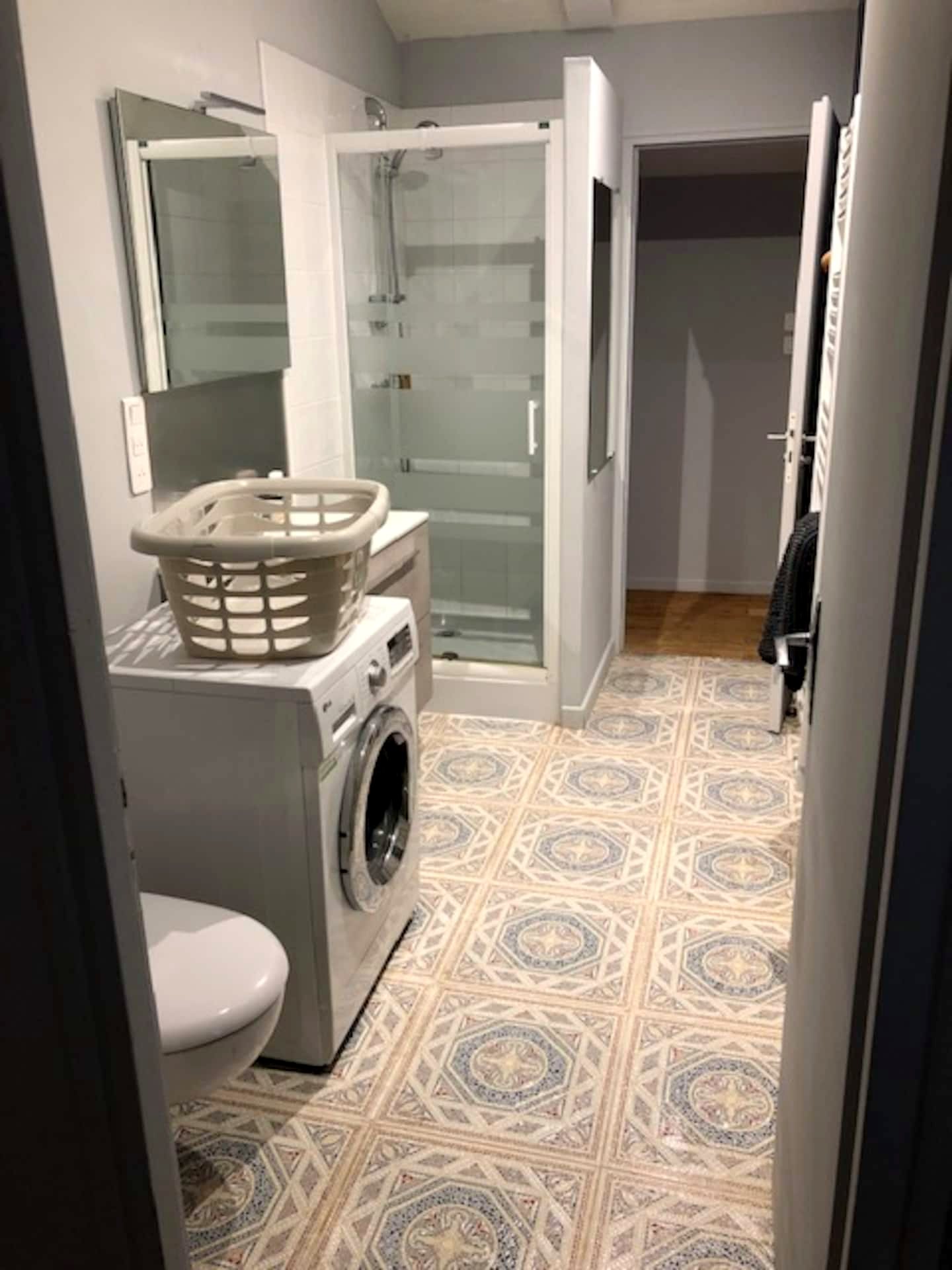 Salle de bain avec douche et lave-linge